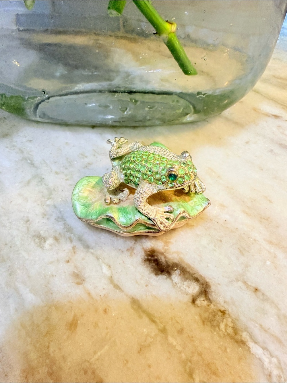 Vintage Frog on Lilly Pad Bejeweled Enamel Trinket Box